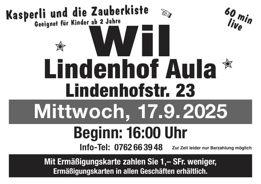 Am Mittwoch den 17. September spielen wir das Stück Kasperli und die Zauberkiste in Wil, in der Lindenhof-Aula, Lindenhofstr. 23. Beginn 16 Uhr